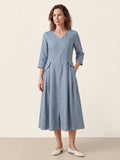 100% Linen Shell Button A-Line Midi Dress ELIORA