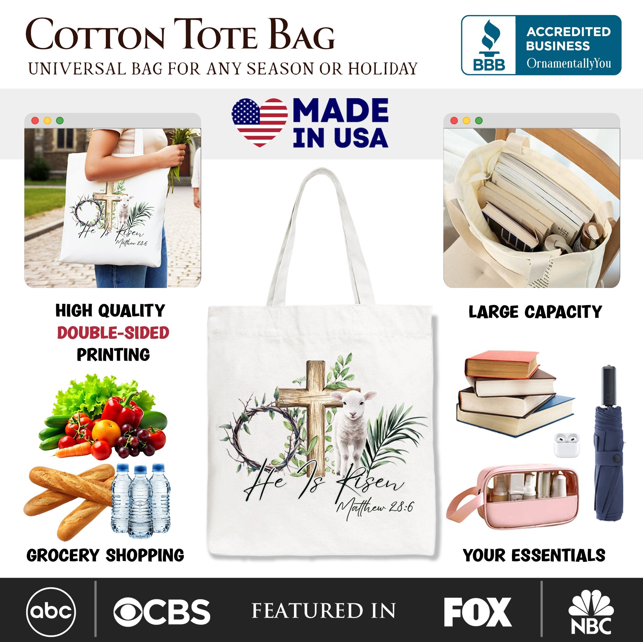 He Is Risen Lamb Cross Christian Easter Tote Bag, Bible Verse Matthew 28:6 Gift Shopper