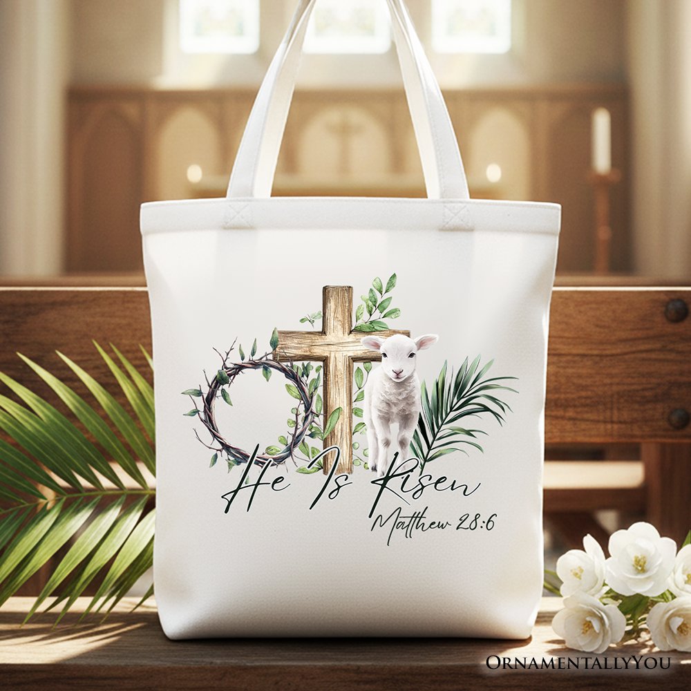 He Is Risen Lamb Cross Christian Easter Tote Bag, Bible Verse Matthew 28:6 Gift Shopper