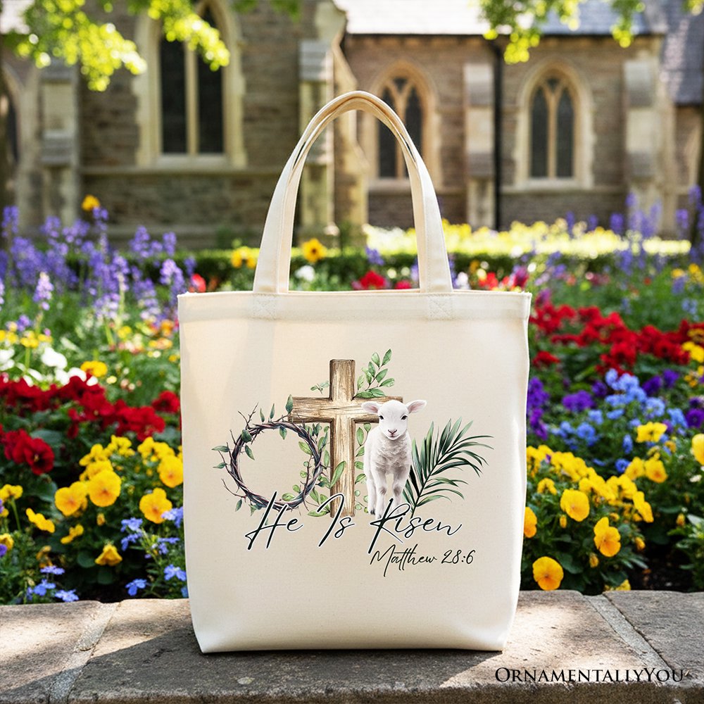 He Is Risen Lamb Cross Christian Easter Tote Bag, Bible Verse Matthew 28:6 Gift Shopper