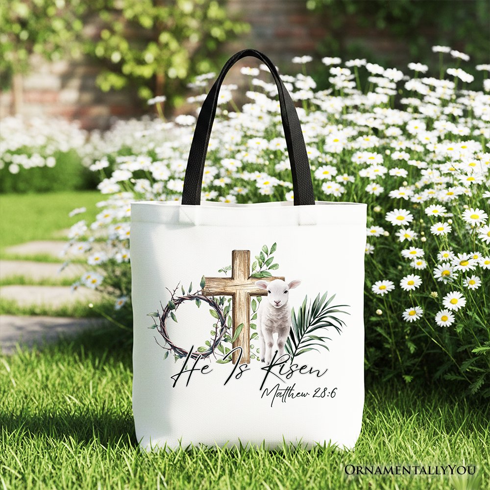 He Is Risen Lamb Cross Christian Easter Tote Bag, Bible Verse Matthew 28:6 Gift Shopper