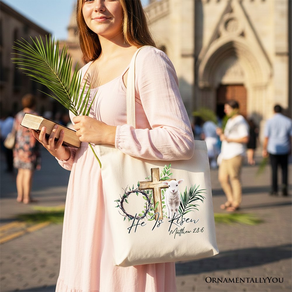 He Is Risen Lamb Cross Christian Easter Tote Bag, Bible Verse Matthew 28:6 Gift Shopper